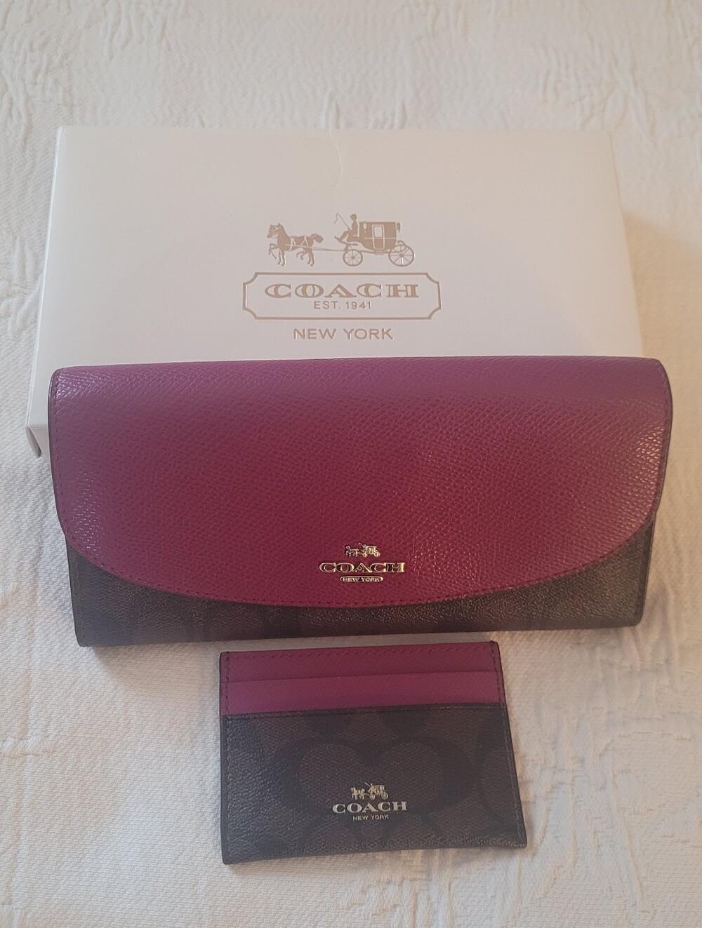 Coach Purple and Brown Signature Continental Wallet with Matching Card Case